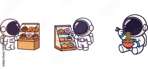 astronaut characters selling items and cooking food