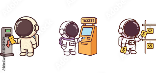 astronaut characters using ATMs and checking information