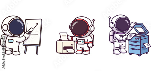 astronaut characters teaching, organizing boxes, and cleaning