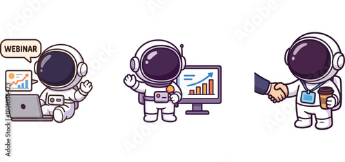 astronaut characters discussing business and checking documents