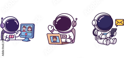 astronaut characters using digital screens and sending letter