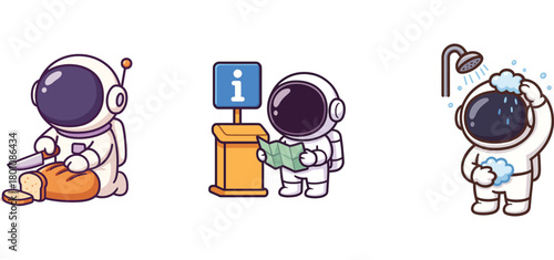 astronaut characters giving information and taking shower