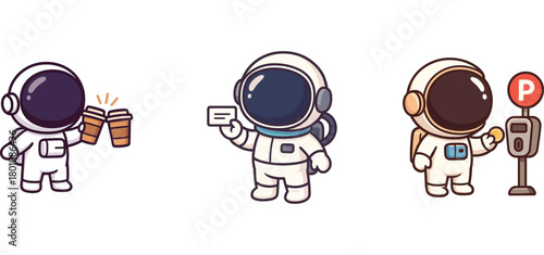 astronaut characters delivering packages and waiting at bus stop