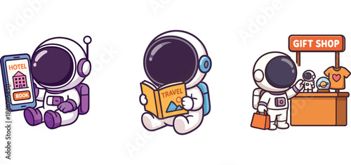 astronaut characters using phone and visiting gift shop