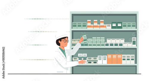 Pharmacist Examining Packages In A Pharmacy, Promoting Healthcare And Prescriptions