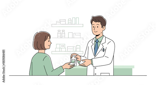 Pharmacist Giving Medication to a Patient at A Pharmacy Counter Illustration
