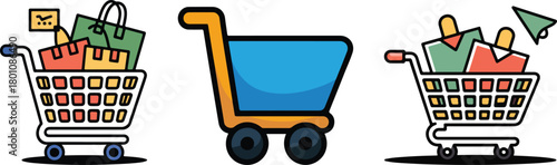 Three shopping carts with bags and items trolley supermarket
