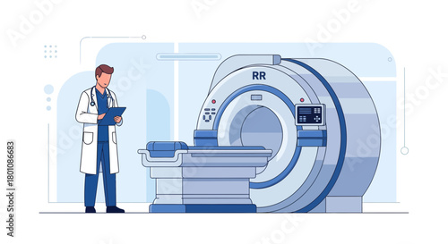 Medical Professional Standing Near An Advanced MRI Scanner Analyzing Health Data