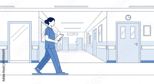 Medical Professional Undertakes A Routine Inspection In A Clean Hospital Corridor Scene