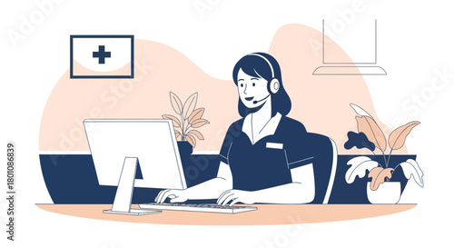 Medical Professional Wearing Headset Assist Patients While Working On Computer Illustration