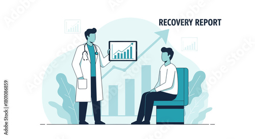 Medical Professionals Analyzing Recovery Statistics of Patient in Modern Flat Illustration