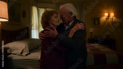 A loving senior couple embracing and sharing an intimate moment in a cozy bedroom setting. The warmth of the lighting adds to the tender atmosphere. Stock Video