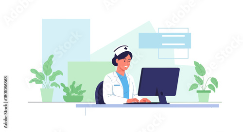 Medical Professional Working On a Computer with Plants, Office Design and Modern Illustration