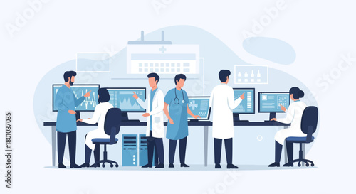 Medical Professionals Collaborating And Researching Data On Computer Screens In A Laboratory