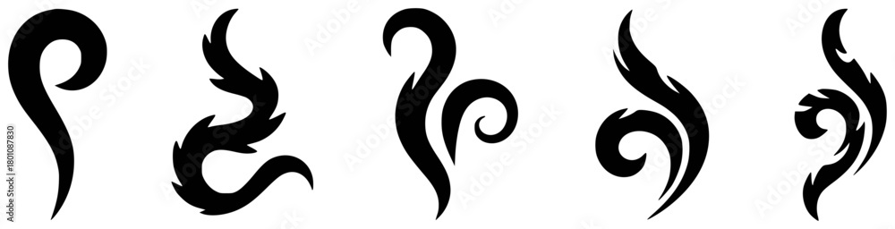 Fototapeta premium Collection of Five Black Tribal Swirl and Flame-Like Decorative Elements