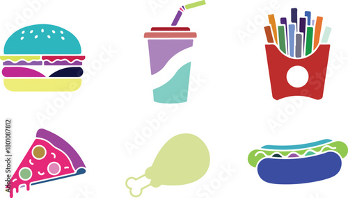 Colorful flat icons of fast food items arranged in a grid on a white background flat design burger