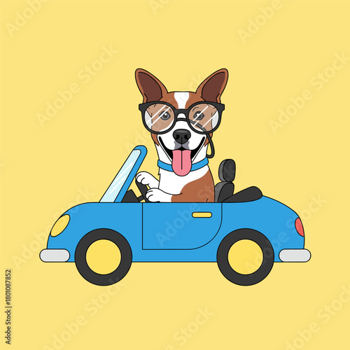 Cute cartoon dog wearing large glasses driving a blue convertible against a yellow background.