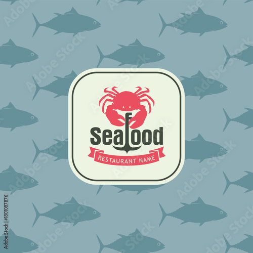 Vector seamless pattern banner with anchor and crab on tuna fish background. Seafood. Logo, menu, label for restaurant, cafe. Fish shop signboard. Print, fabric, textile. No ai