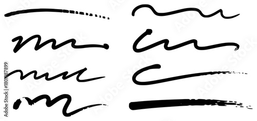 Collection of Hand-Drawn Black Brush Strokes and Lines on White Background