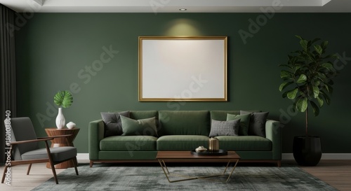Fototapeta Naklejka Na Ścianę i Meble -  Modern living room with green walls and stylish furniture including sofa and plants