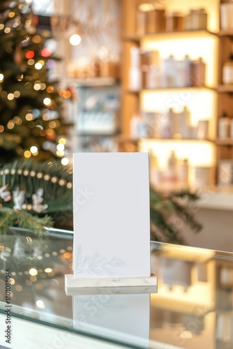 Blank card mockup in festive christmas and new year setting for holiday designs. White poster, Christmas background. Template for pharmacy, drugstore, cosmetics store. Vertical banner. Copy space