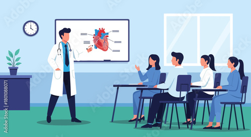 Medical Professionals Teaching Human Anatomy to Students in Modern Classroom Environment