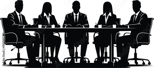 Silhouette illustration of a business meeting with five people sitting around a table in suits