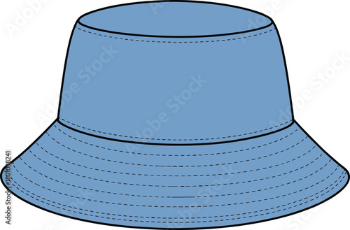 Blue bucket hat fashion sketch, black stitch detail, wide brim design, casual headwear vector, apparel flat illustration