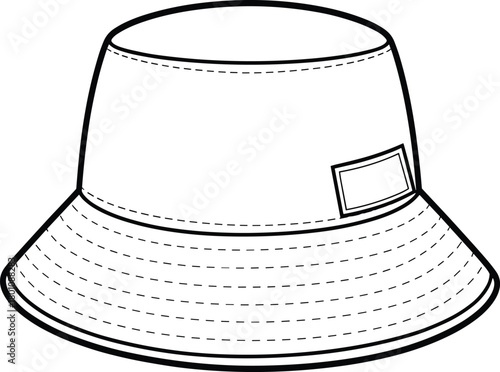 Bucket hat technical sketch, black line drawing, wide brim design, fashion flat vector, stitched seams, casual headwear illustration