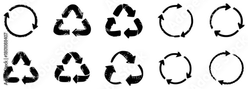 Collection of Hand-Drawn Recycling Symbols and Circular Arrows