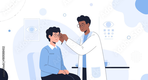 Optometrist Conducting Eye Exam for a Patient Using Modern Medical Illustration