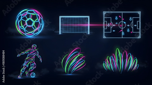 Soccer Icons Set - Dynamic Neon Design for Sports and Football Related Concepts