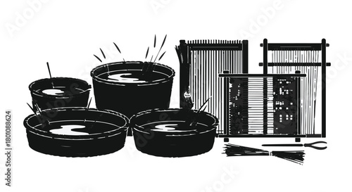 Traditional weaving tools and dyed threads ready for textile creation