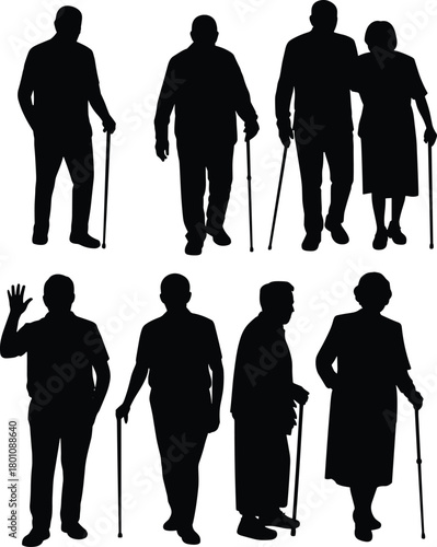 Elderly silhouette set, cane posture poses, senior walking vector, aging mobility aid, black illustration, demographic diversity concept