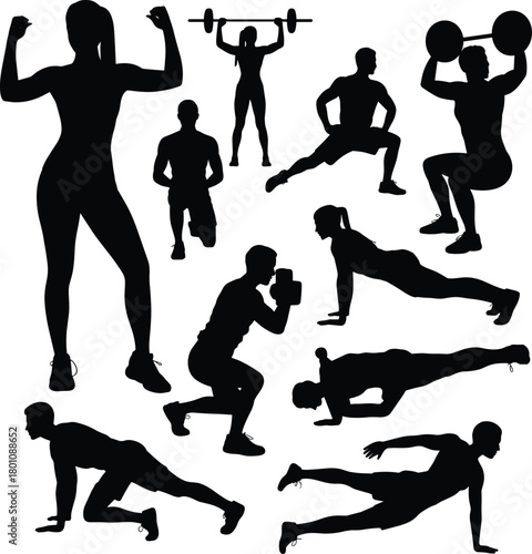 Fitness exercise silhouette set, strength training poses, bodyweight workout vector, black illustration, gym movement, dynamic conditioning form