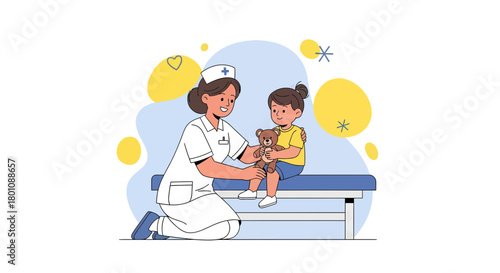 Pediatrician Comforting Little Patient Holding Teddy Bear On Examination Table For Health Checkup