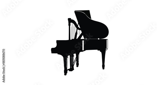 Elegant black grand piano on a clean white background, ready for performance.