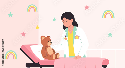 Pediatrician Examining Teddy Bear In A Playful, Decorated Room Setting