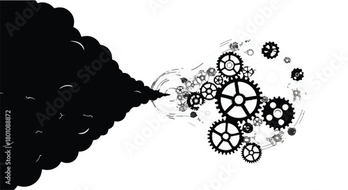 Abstract illustration of black smoke transforming into intricate mechanical gears and cogs on a white background.