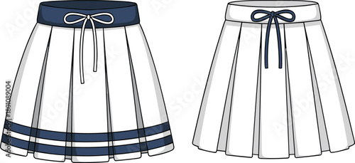 Pleated skirt fashion sketch, front view comparison, bow waistband detail, uniform style variation, apparel flat vector illustration