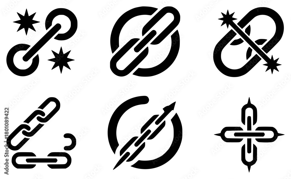 Obraz premium Collection of Six Black Chain Link Icons on White Background