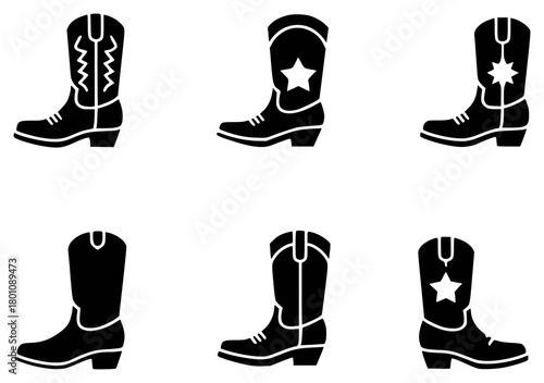 Collection of Six Black Cowboy Boot Icons on White Background
