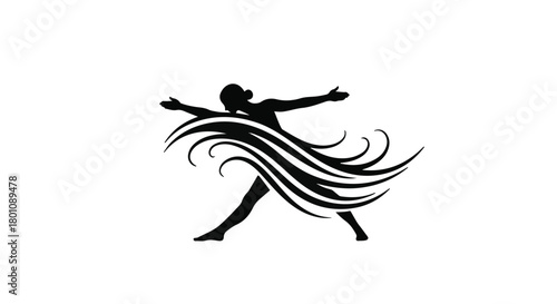 Silhouette of a dancer with flowing, swirling elements around their body, conveying movement and grace.