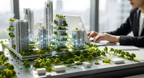Urban planner working on a futuristic green city model with integrated digital technology for a sustainable future