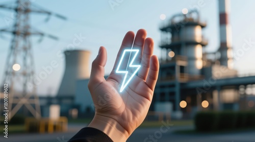Hand holds glowing lightning symbol over factory