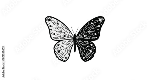 Artistic butterfly illustration symbolizing duality, with intricate patterns in black and white.