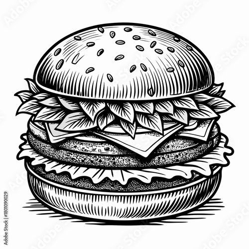 **Searchable SEO Title:**  
Vintage Burger Illustration – Detailed Black and White Hamburger Drawing Vector

**45 concise single-word keywords:**  
burger, hamburger, cheeseburger, beefburger, fastfoo