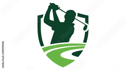 Golfer swinging club shield logo
