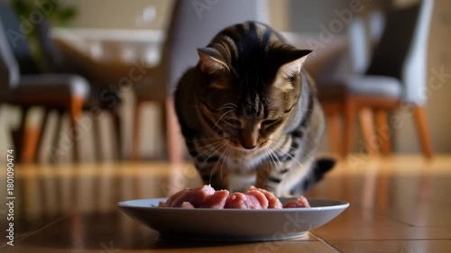 A cat savouring a plate of fresh, raw meat. The cat's focused gaze and attentive posture suggest an upcoming delicious meal Stock Video