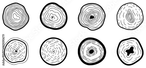 Set of eight hand-drawn tree ring cross-sections, black and white line art